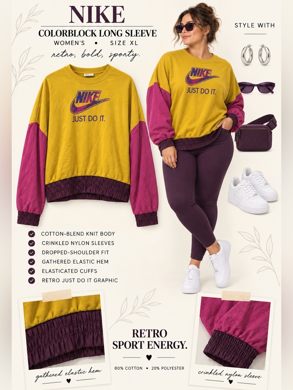 Nike Colorblock Crew Sweatshirt in Mustard Yellow & Magenta - XL